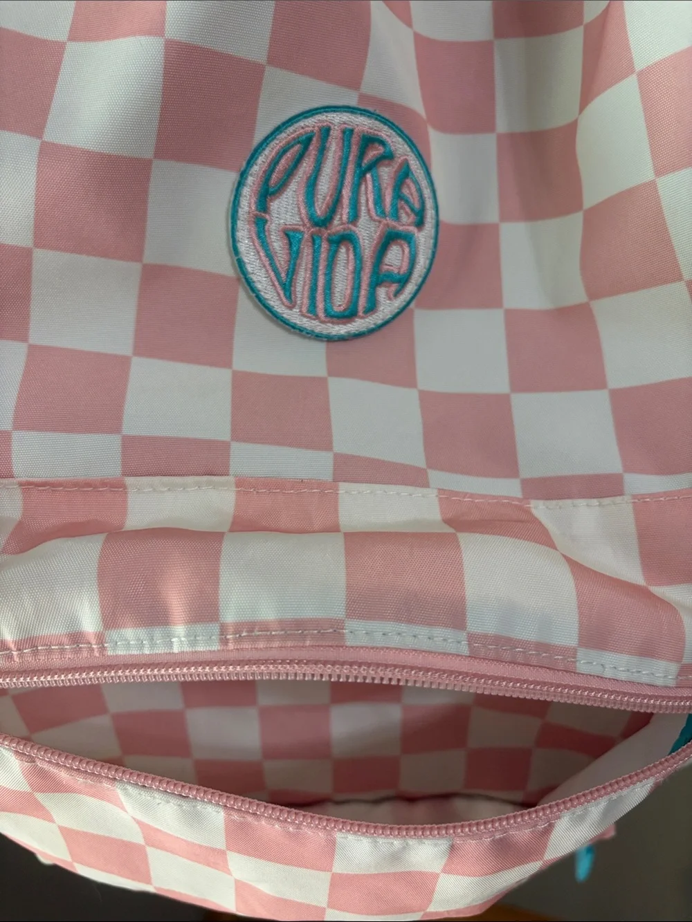 Pura Vida Pink and White Checkerboard Backpack with adjustable straps